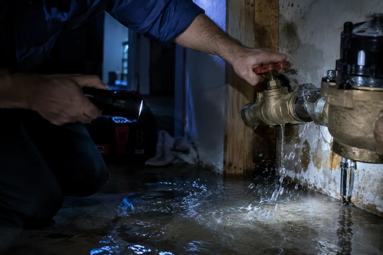 Emergency plumber closing a home's main water shut-off valve during a burst-pipe call in Naples, Florida.