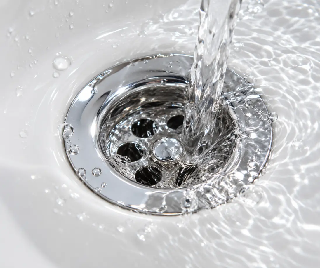Chrome sink drain flowing freely after a professional drain cleaning in Naples, Florida.