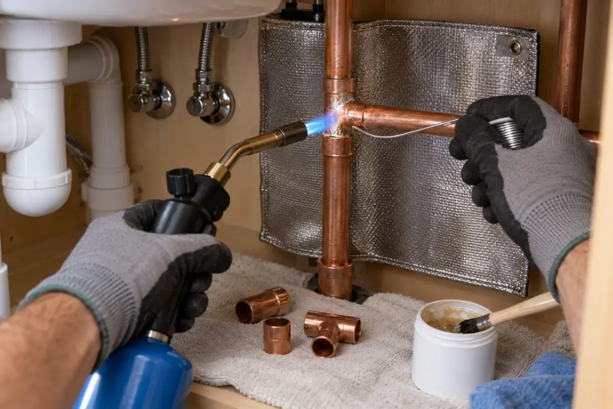 Plumber joining pipe during a pipe replacement in Naples, Florida.