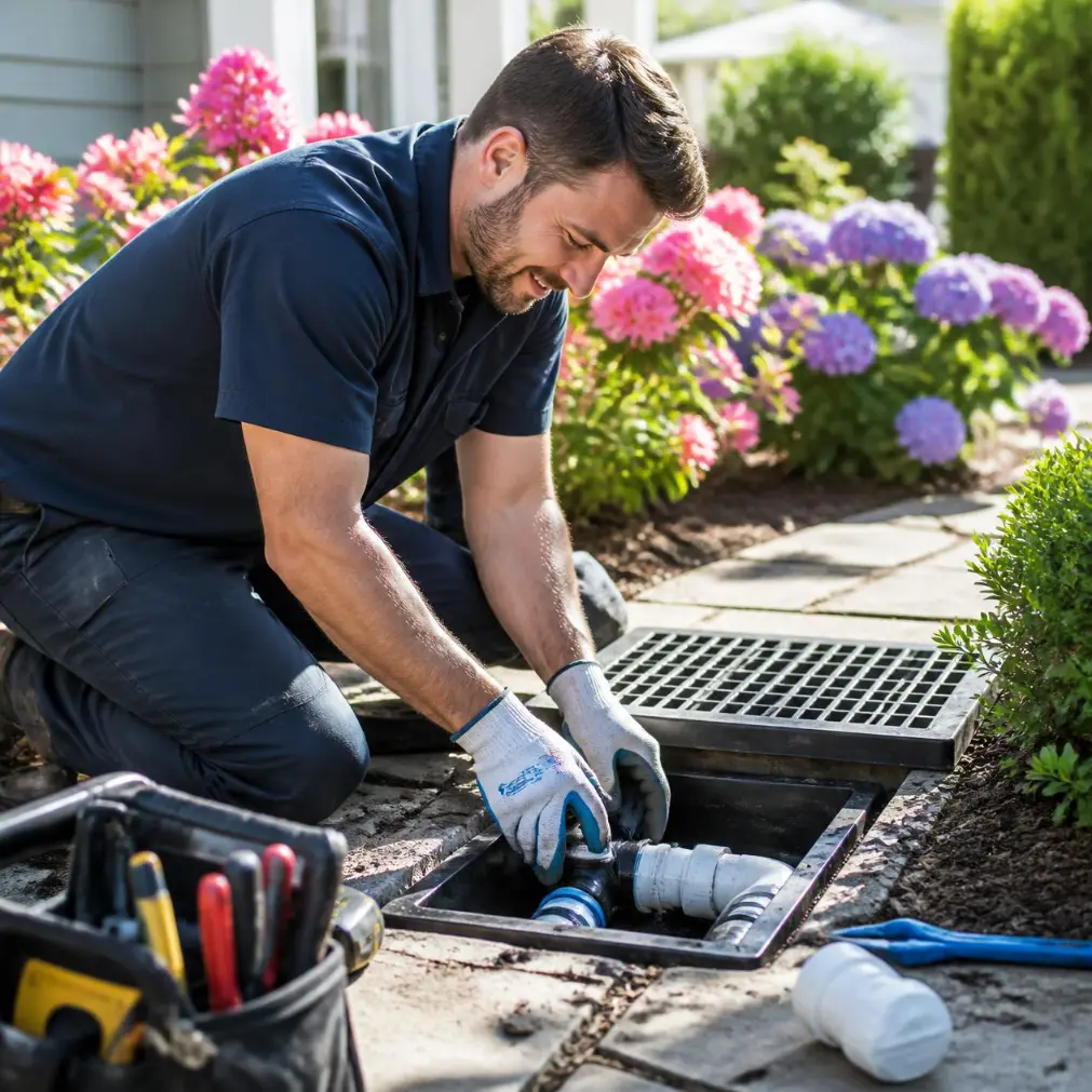 Storm drainage grate on a Naples, Florida property during a drainage assessment.