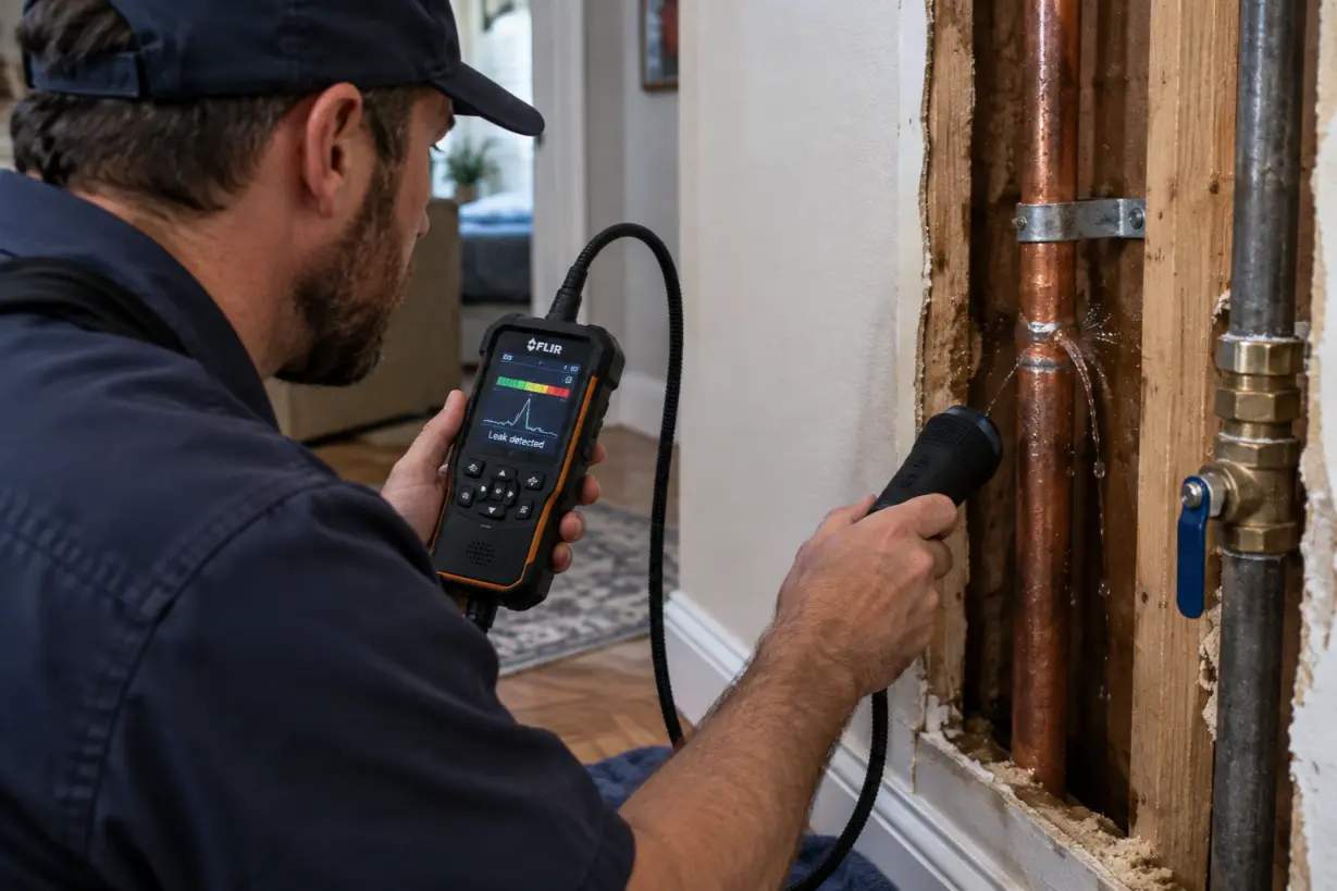 Water leaking from a corroded pipe during a leak detection and repair job in Naples, Florida.