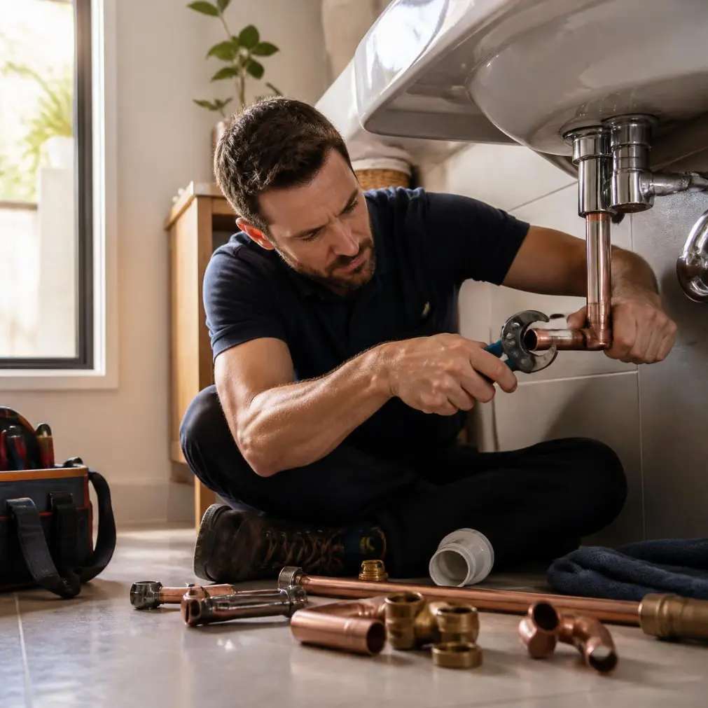 Plumber repairing a damaged water pipe with specialized tools in Naples, Florida.