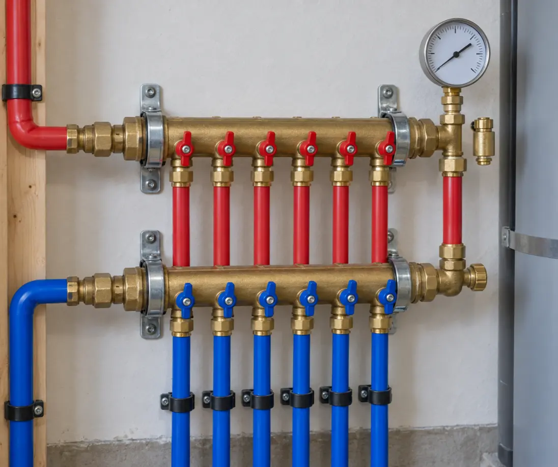 Home plumbing manifold with pressure gauge serviced in Naples, Florida.