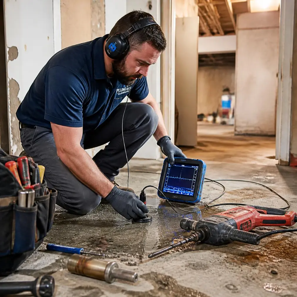 Plumber accessing a slab leak beneath a concrete floor in a Naples, Florida home.