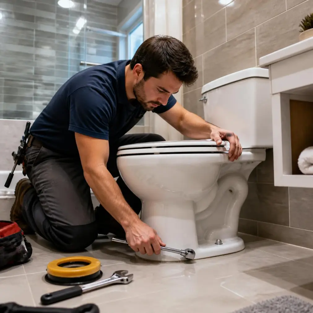 Plumber servicing and sealing a toilet during a repair in Naples, Florida.